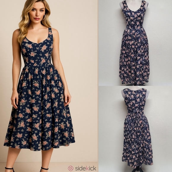 Vintage Dresses & Skirts - 1970s Vintage Sita Blue Pink Floral Scoop Neck Tie-Waist Fit & Flare Midi Dress